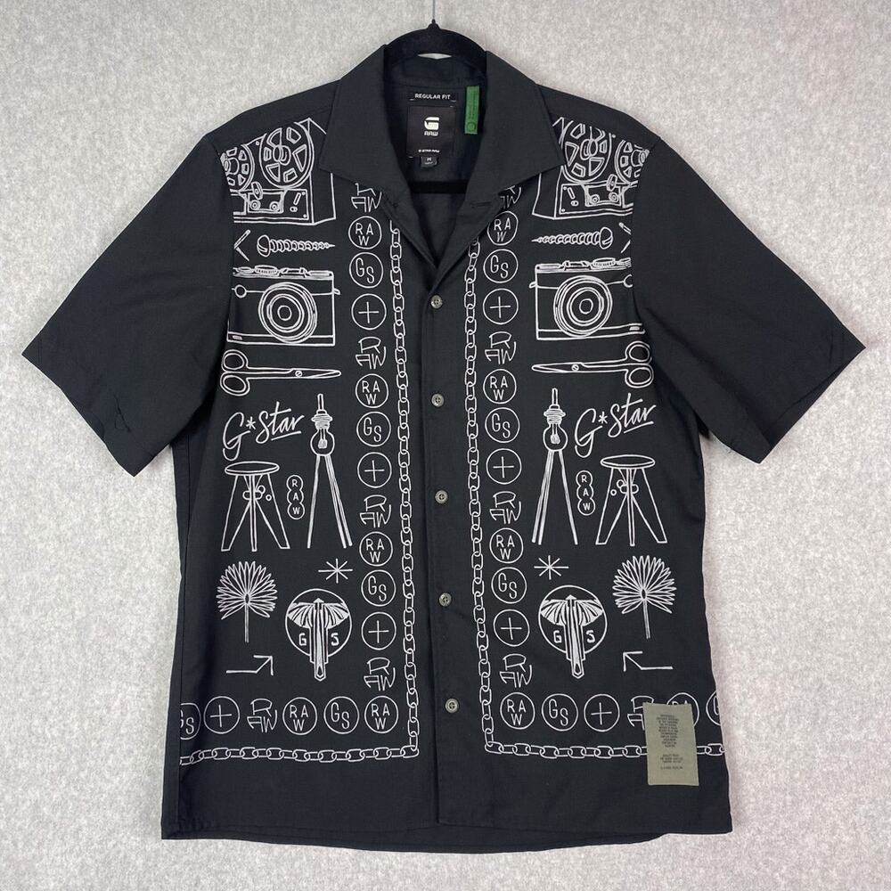 G-Star Raw Shirt Mens M Black Hawaiian Service Short‎ Sleeve Button Camp